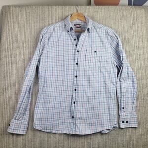 Johnnie O Hangin Out Shirt Mens Medium Blue Pink Plaid Button Up Casual Cotton